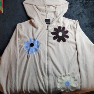 Aaeda Womens XS Beige Flower Applique Zip Up Sweater Hoodie